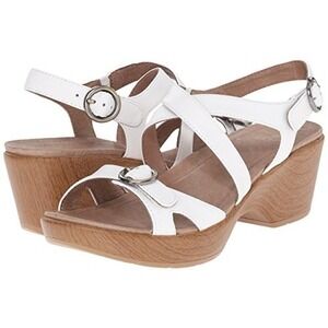 Dansko Julie Wedge Sandal White Leather Buckle Strap‎ Comfort EU 42 US 12